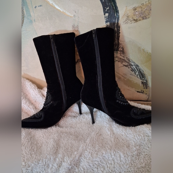Star Studded Sequin Velvet Black Boots - Picture 3 of 9